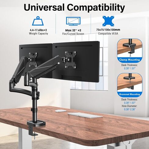 MOUNTUP Dual Monitor Stand, Height Adjustable Monitor Desk Mount, Gas Spring Monitor Arm for Two 17-32 Inch Screens, with C Clamp/Grommet Mounting Base, Holds 4.4-17.6 lbs per Arm, Max VESA 100x100mm in Saudi Arabia