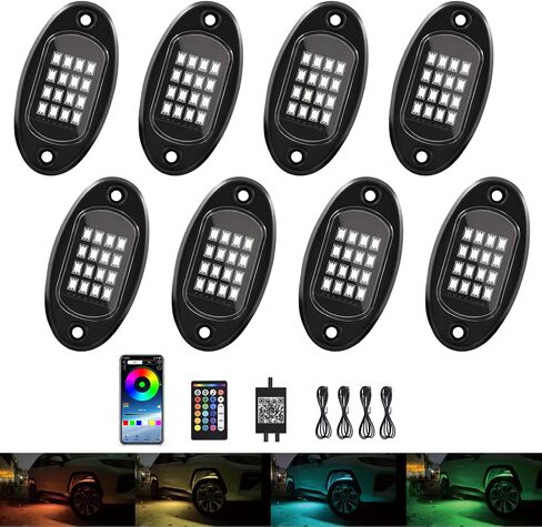 RGB LED Rock Light 8 Pods 128LEDs تحت الضوء لسيارة الجولف بلوتوث Rock Light APP 24 مفتاح التحكم عن بعد LED Pod Rock Light متوافق مع ATV SUV UTV RZR شاحنة بيك اب على الطرق الوعرة in Saudi Arabia