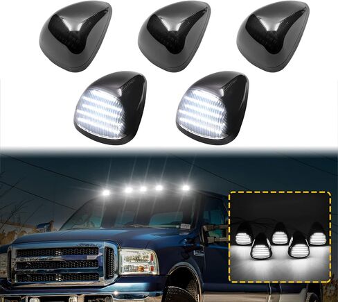 أضواء علامة سقف الكابينة LED متوافقة مع F250 F350 F450 F550 99-16 ولـ F650 F750 04-17 مجموعات استبدال مصباح الجري العلوي 5 قطع (عدسة دخان وضوء أبيض) in Saudi Arabia