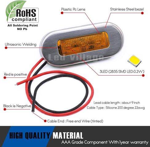 [عبوة من 10] مصباح Ledvillage بيضاوي LED كهرماني مقاس 3 بوصات مع مصباح علامة من الفولاذ المقاوم للصدأ من الكروم عالمي لشاحنة الحافلات واليخوت 12 فولت تيار مستمر استهلاك منخفض للأشعة فوق البنفسجية 12 in Kuwait