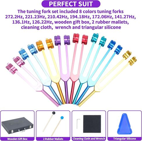 مجموعة شوكة ضبط الشاكرا للشفاء، 7 شقرا+1 شوكة ضبط سولفيجيو مرجحة للأغراض الروحية مع صندوق هدايا خشبي أنيق لليوجا والتأمل (126.22 هرتز، 136.1 هرتز، 141.27 هرتز، 172.06 هرتز، إلخ) in Kuwait