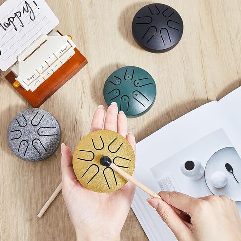 4 قطع طبلة لسان فولاذية للجيب مقاس 3 بوصات و6 ملاحظات براميل يدوية صغيرة هدايا موسيقية صغيرة خالية من القلق مع مطارق الطبل وملصقات الملاحظات للمبتدئين والبالغين والأطفال واليوجا التأمل، 4 ألوان in Kuwait