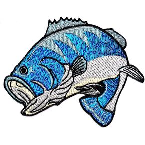 Blue Bass Fish Fishing Lures Hook Cartoon Embroidered Iron On or Sew On Patch Craft Decorative Repair Logo Jeans Jacket Clothing Handbag Shoes Caps Fabric