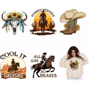 SUPERDANT 6PCS Western Cowboy Iron On Transfer Patches Western Theme Heat Transfer Stickers DIY Iron On Decals Heat Transfer Paper for Clothing T-Shirt Backpacks Bag Pillow Decor Applique