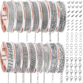 Wisreach Necklace Chains for Jewelry Making, 118 Feet 15 Rolls Stainless Steel Jewelry Chains for Necklace Bracelet Making with Stainless Steel Jump Rings/Lobster Clasps/Connectors