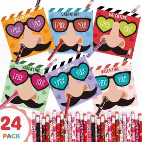 Funny Nose Picking Valentines Day Gifts for Kids - 24 Valentines Day Cards & 24 Pencils - I Pick You Mustache Glasses Valentines Day Cards for Kids School Classroom Activity