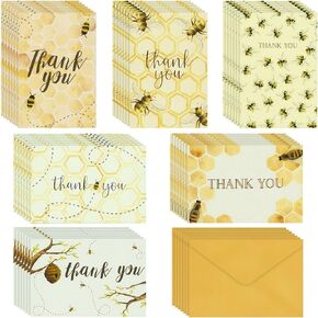 Pipilo Press 48 Pack Bee Thank you Cards Bulk, Bumblebee Honeycomb Design with Yellow Envelopes for Baby Shower, Birthdays (4x6 In)