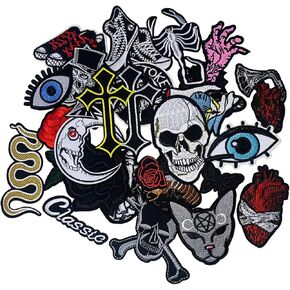 26Pcs Dark Rock Band Embroidery Patches Iron On/Sew On Embroidered Applique for Clothes, Dress, Hat, Jeans, DIY Accessories