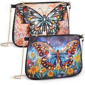 Geyoga 2 Pcs Diamond Art Purses Diamond Art Kits for Adults Butterfly Handbag Crossbody Bag 5D DIY Shoulder Makeup Bag Chain Leather Clutch Purse