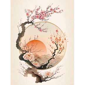Diamond Painting Peach Blossom Set, 5D Chinese Style Adult Diamond Art, Full Diamond Painting Kit, Gem Art Painting Red Sun, DIY Diamond Painting Kit for Beginners 12x16 inch