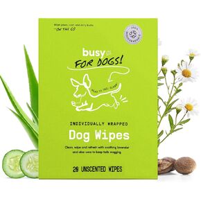 شركة مشغول - مناديل الكلاب Hypoallergenic ، والمناديل للتنظيف والتحكم في الرائحة من أجل الكفوف ، والجسم ، والمؤخرة ، مثالية للكلاب الجرو والبالغين ، ملفوفة بشكل فردي ، غير معقوف ، 20 مناديات الاستمالة)