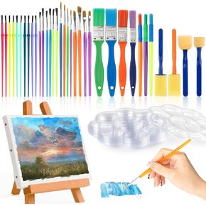35 All Purpose Paint Brushes Set with 10 Palettes- Includes 8 Different Types of Brushes,Prefect Works with Watercolors, Acrylic,Oil, Washable Paints Brushes,Multicolored