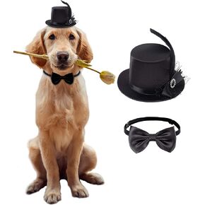 Coucoland Dog Costume Top Hat and Bow Tie Feather Birthday Hat and Bow Tie Collar for Dog Cat Pet Party Accessories Costume Dog Party Supplies for Halloween Christmas (Black) one size