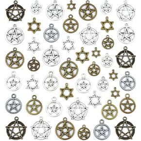 JIALEEY 48pcs Mixed Magic Pentacle Hexagram Star Protection Lucky Charms Pendants DIY for Necklace Bracelet Jewelry Making, Antique Silver Bronze