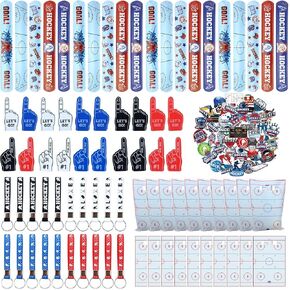 130PCS Hockey Party Favors - Incliding Hockey Keychains, Ice Hockey Gift Bags, Slap Bracelets, Hockey Stickers, Sports Mini Foam Fingers for Boys Fans Sports Hockey Birthday Party Supplies in Kuwait