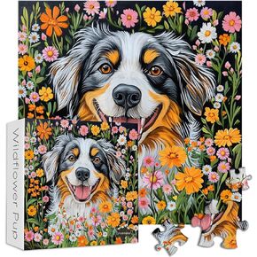 Dog Jigsaw Puzzles 1000 Pieces, PICKFORU Colorful Flower Garden Puzzle, Cute Puppy Puzzles for Adults Wildflower Plant, Challenging Animals Jigsaw Puzzles as Wall Decor