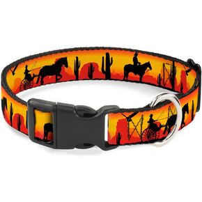 Buckle-Down Plastic Clip Collar - Cowboy Silhouette/Western Landscape Reds/Black - 1.5" Wide - Fits 18-32" Neck - Large