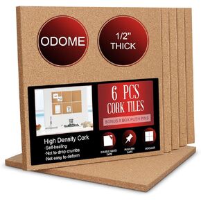 Cork Board Tiles 12"X 12" – 1/2" Thick Cork Board – Bulletin Board – Pin Board Decoration for Pictures,Ultra Strength Adhesive Backing – 6 Pieces Cork Boards for Walls – 1 Box Push Pins