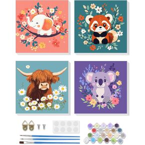 RICUVED Paint by Number for Adults Framed Canvas, 4 Pack Paint by Number Kits Animal Flowers Arts for Beginner, Easy DIY Cow Elephant Koala Red Panda Acrylic Painting Number Kit for Home Decor(8X8in)