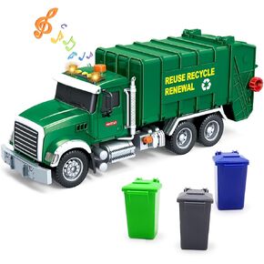 Mostop Large Garbage Truck Toy, 15 ‘’ Large Trash Vehicle with Lights and Sounds, Friction Powered Rubbish Truck with 3 Rear Loader Trash Bins, Garbage Recycling Truck Toy for Boys Girls