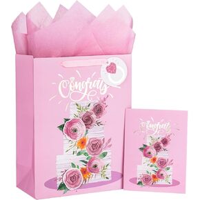 Loveinside Wedding Gift Bag with Tissue Paper, Gift Tag and Greeting Card for Wedding, Birthday, Party, and More - 10" x 5" x 13", 1 Pcs, Wedding Ring Pink