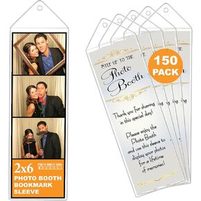 Photo Booth Nook | 2x6 Clear Bookmark Sleeves (150 Count) | Plastic Bookmark Sleeves for Photo Booth Strips with Silver Inserts | Bulk