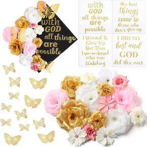 31 PCS DIY Cap Cap Decorations Kit Chissory Faux Flower Heads Quotes Quotes Plitter Stickers 3D Butterfly Stickers for Grad Cap Topper Gift (Pink ، White ، Gold)