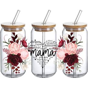 Brave Mama Floral Heart UV DTF Glass Cup Wrap Transfer, Strong Mama Flower Decal Waterproof Decal for 16oz Glass Cups, Ceramic Mug DIY Crafts - 3PCS