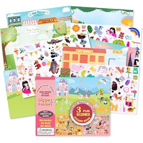 Giggles & Pebbles Educational Magic Sticker Pad Book for Kids,Toddlers, Boys and Girls - Reusable, Washable and Non-Adhesive Stickers with Farm, Zoo, Ocean Animals, for Storytelling, Games and Fun