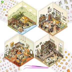 4 Sets 3D Fun Large Size House Scene Stickers with Tweezer Make Your Own Vintage Natural Mountain Forest Sticker Scenes Cute Cabin in The Woods DIY Stickers for Relief Stress Pass The Time