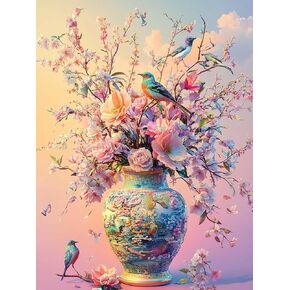 Zariocy 5D Diamond Art Kits for Adults Colorful Birds, DIY Diamond Painting Art Bouquet Vase Round Full Drill Crystal Diamond Embroidery Paintings Arts Craft for Home Office Wall Decor 12x16 inch