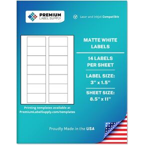 Premium Label Supply White Sticker Bottle Labels – 3" x 1.5" – Laser/Inkjet Compatible – (14 per Sheet), 25 Sheets – 350 Total Adhesive Labels