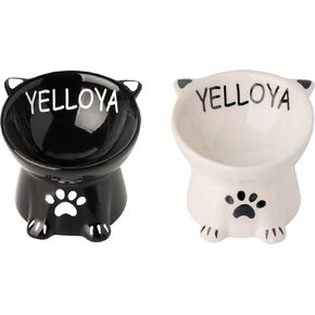 Ceramic Raised Dog & Cat Food Bowl Set,Tilted Elevated & Spine-Protect & Anti Vomiting Water Bowls, 2 Bowls for Small Dog and Cat, 5.3in,White & Black