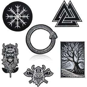 6PCS Viking Norse Mythology Iron on Patches, Dark Valknut Yggdrasil Aegishjalmur Jormungandr Axe Totem Embroidered for Clothes, Tactical Applique for Hats, Jeans, Jackets, Bags, Backpacks