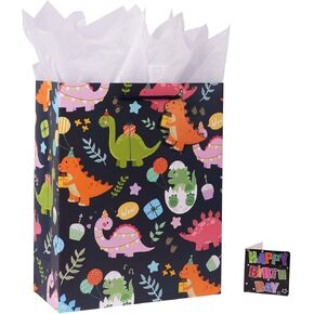 Ranfashiong 13" Large Gift Bag with Tissue Paper and Card for Boys Kids Birthday Baby Shower (Black Dinosaurs 1 PCS)