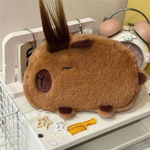 HSYHERE Cute Novelty Funny Calm Down Flying Hairs Capybara Soft Stuffed Surface Fluffy Clothes Zipper Pencil Box Pencil Case Pencil Storage Holder Pouch Pen Bag -Brown in Saudi Arabia