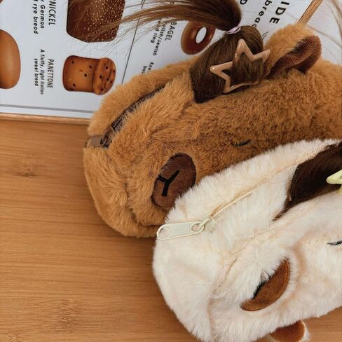 HSYHERE Cute Novelty Funny Calm Down Flying Hairs Capybara Soft Stuffed Surface Fluffy Clothes Zipper Pencil Box Pencil Case Pencil Storage Holder Pouch Pen Bag -Brown in Saudi Arabia