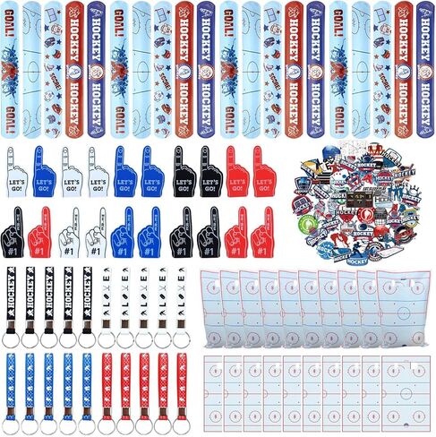 130PCS Hockey Party Favors - Incliding Hockey Keychains, Ice Hockey Gift Bags, Slap Bracelets, Hockey Stickers, Sports Mini Foam Fingers for Boys Fans Sports Hockey Birthday Party Supplies in Kuwait