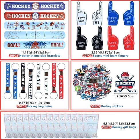 130PCS Hockey Party Favors - Incliding Hockey Keychains, Ice Hockey Gift Bags, Slap Bracelets, Hockey Stickers, Sports Mini Foam Fingers for Boys Fans Sports Hockey Birthday Party Supplies in Kuwait