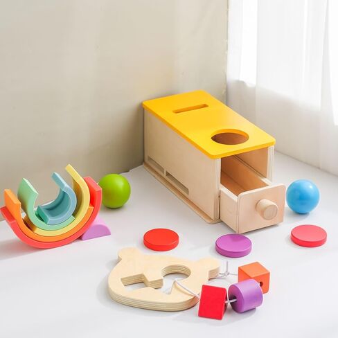 IEATFO Montessori Toys for Toddlers of Tracking, Sorting, Stacking - Wooden Ball Coin Drop Box - Wooden Shape Sorter - Silicone Rainbow Stacker, Good for Fine Motor Training and Hand-Eye Coordination in Saudi Arabia