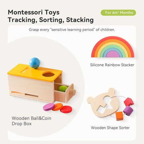 IEATFO Montessori Toys for Toddlers of Tracking, Sorting, Stacking - Wooden Ball Coin Drop Box - Wooden Shape Sorter - Silicone Rainbow Stacker, Good for Fine Motor Training and Hand-Eye Coordination in Saudi Arabia