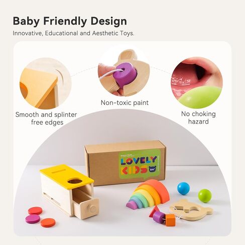 IEATFO Montessori Toys for Toddlers of Tracking, Sorting, Stacking - Wooden Ball Coin Drop Box - Wooden Shape Sorter - Silicone Rainbow Stacker, Good for Fine Motor Training and Hand-Eye Coordination in Saudi Arabia