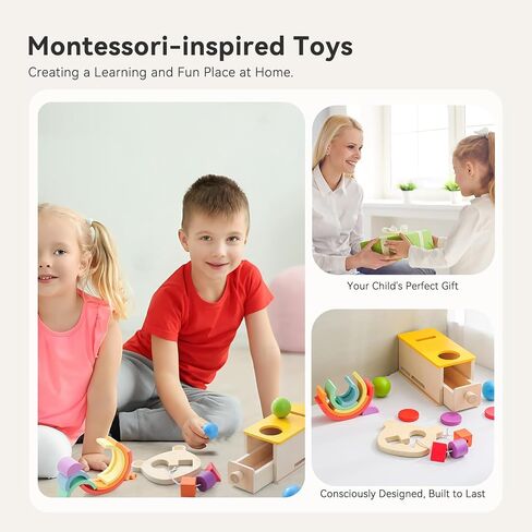 IEATFO Montessori Toys for Toddlers of Tracking, Sorting, Stacking - Wooden Ball Coin Drop Box - Wooden Shape Sorter - Silicone Rainbow Stacker, Good for Fine Motor Training and Hand-Eye Coordination in Saudi Arabia