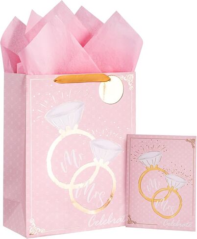 Loveinside Wedding Gift Bag with Tissue Paper, Gift Tag and Greeting Card for Wedding, Birthday, Party, and More - 10" x 5" x 13", 1 Pcs, Wedding Ring Pink in Saudi Arabia