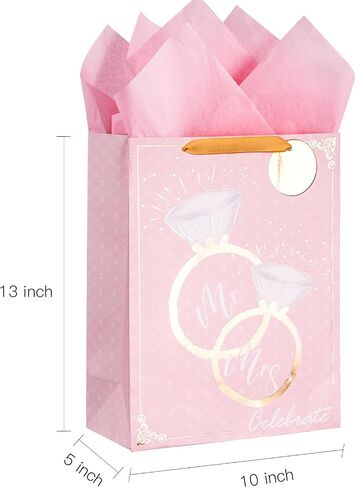 Loveinside Wedding Gift Bag with Tissue Paper, Gift Tag and Greeting Card for Wedding, Birthday, Party, and More - 10" x 5" x 13", 1 Pcs, Wedding Ring Pink in Saudi Arabia