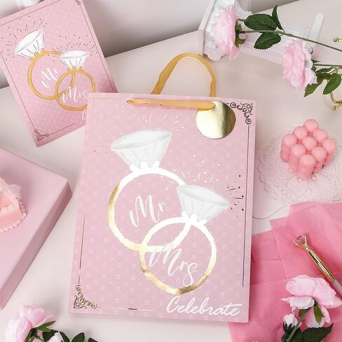 Loveinside Wedding Gift Bag with Tissue Paper, Gift Tag and Greeting Card for Wedding, Birthday, Party, and More - 10" x 5" x 13", 1 Pcs, Wedding Ring Pink in Saudi Arabia