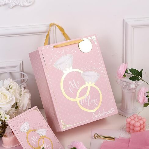 Loveinside Wedding Gift Bag with Tissue Paper, Gift Tag and Greeting Card for Wedding, Birthday, Party, and More - 10" x 5" x 13", 1 Pcs, Wedding Ring Pink in Saudi Arabia