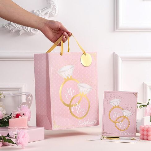 Loveinside Wedding Gift Bag with Tissue Paper, Gift Tag and Greeting Card for Wedding, Birthday, Party, and More - 10" x 5" x 13", 1 Pcs, Wedding Ring Pink in Saudi Arabia