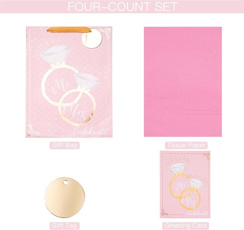 Loveinside Wedding Gift Bag with Tissue Paper, Gift Tag and Greeting Card for Wedding, Birthday, Party, and More - 10" x 5" x 13", 1 Pcs, Wedding Ring Pink in Saudi Arabia