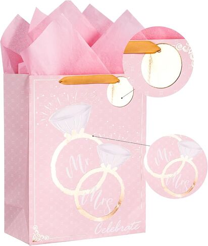 Loveinside Wedding Gift Bag with Tissue Paper, Gift Tag and Greeting Card for Wedding, Birthday, Party, and More - 10" x 5" x 13", 1 Pcs, Wedding Ring Pink in Saudi Arabia
